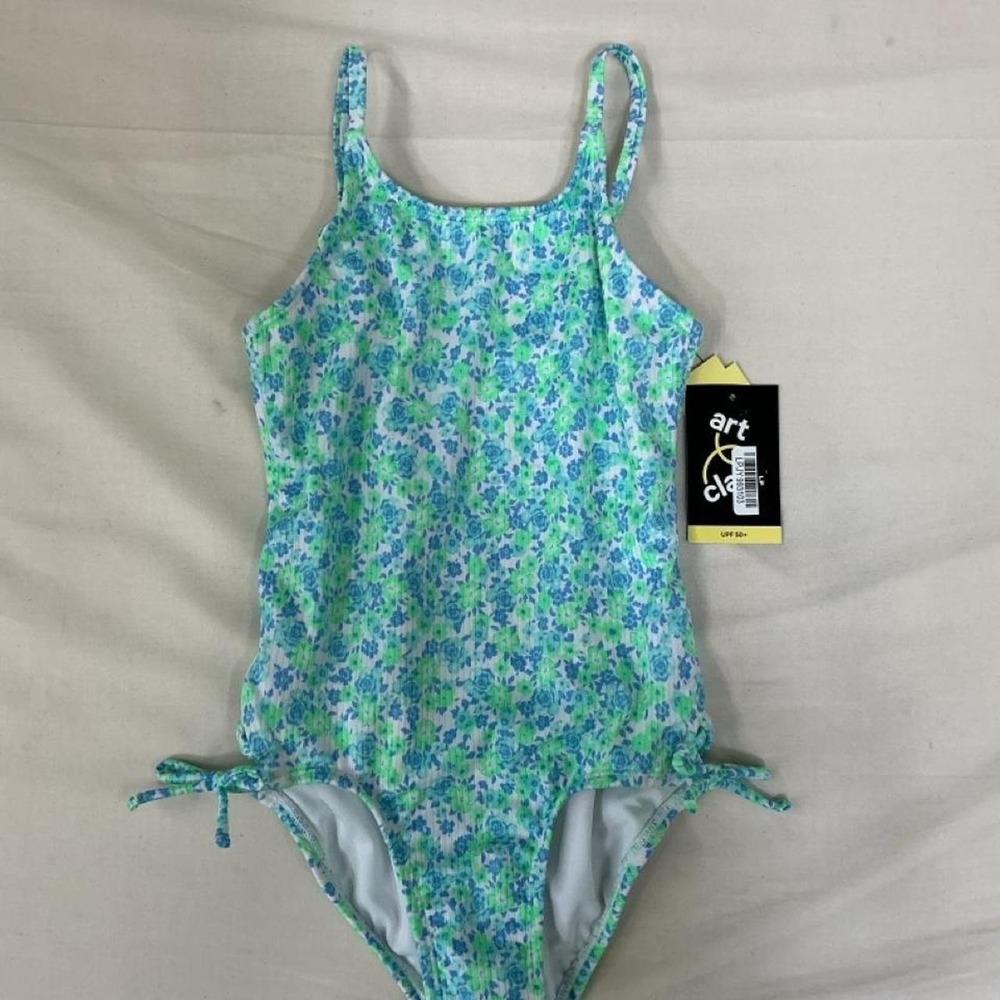 Art Class Girls' Blue & Green Floral One-Piece Swimsuit – Size Small 6/7